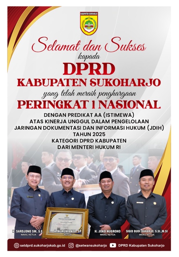 JDIH DPRD Kabupaten Sukoharjo Meraih Peringkat I Nasional dengan Predikat AA (Istimewa) dari Menteri Hukum